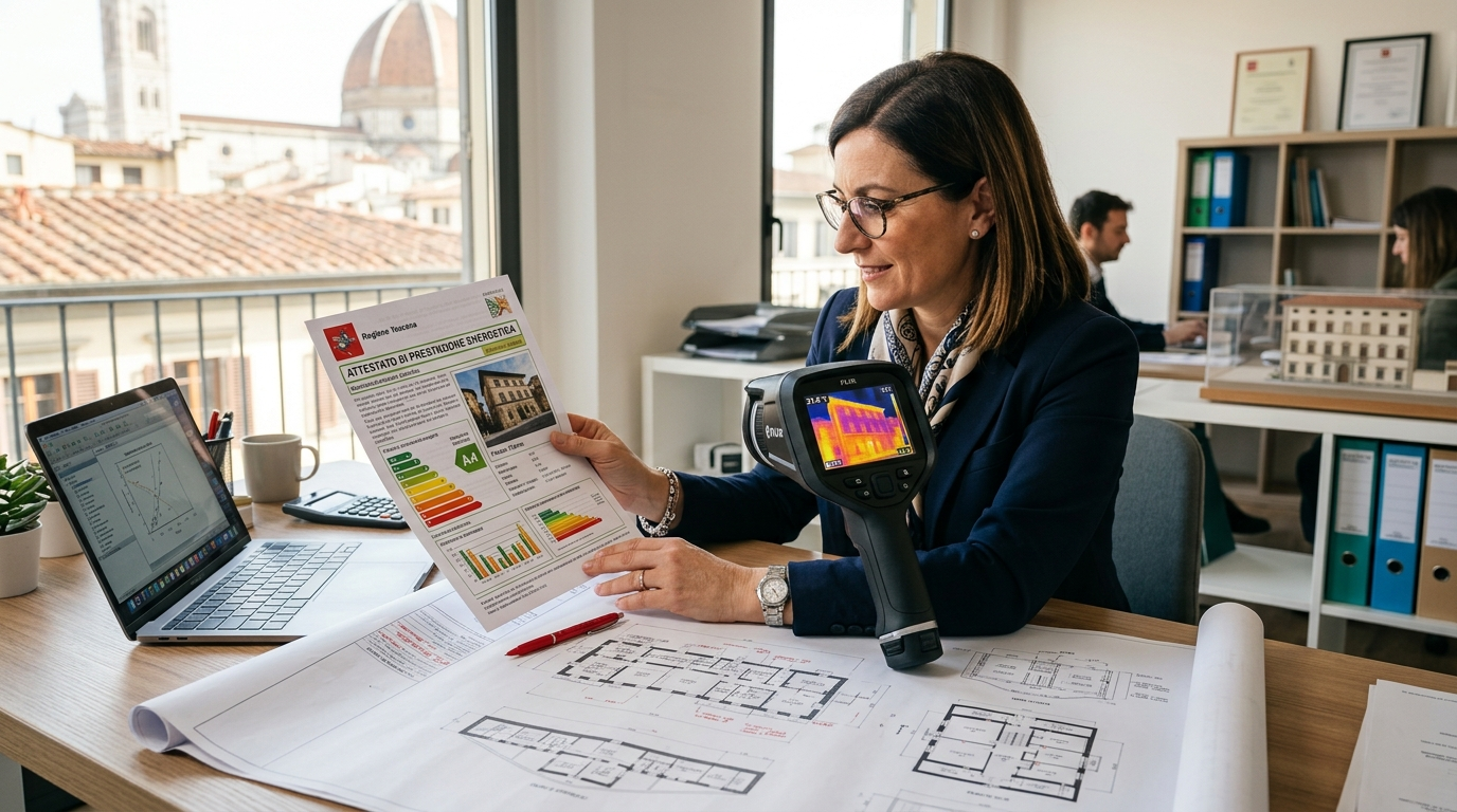 Tecnico che redige un attestato di prestazione energetica APE