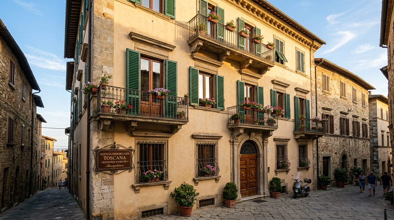 Palazzo residenziale ristrutturato in una città del centro Italia con insegna di agenzia immobiliare