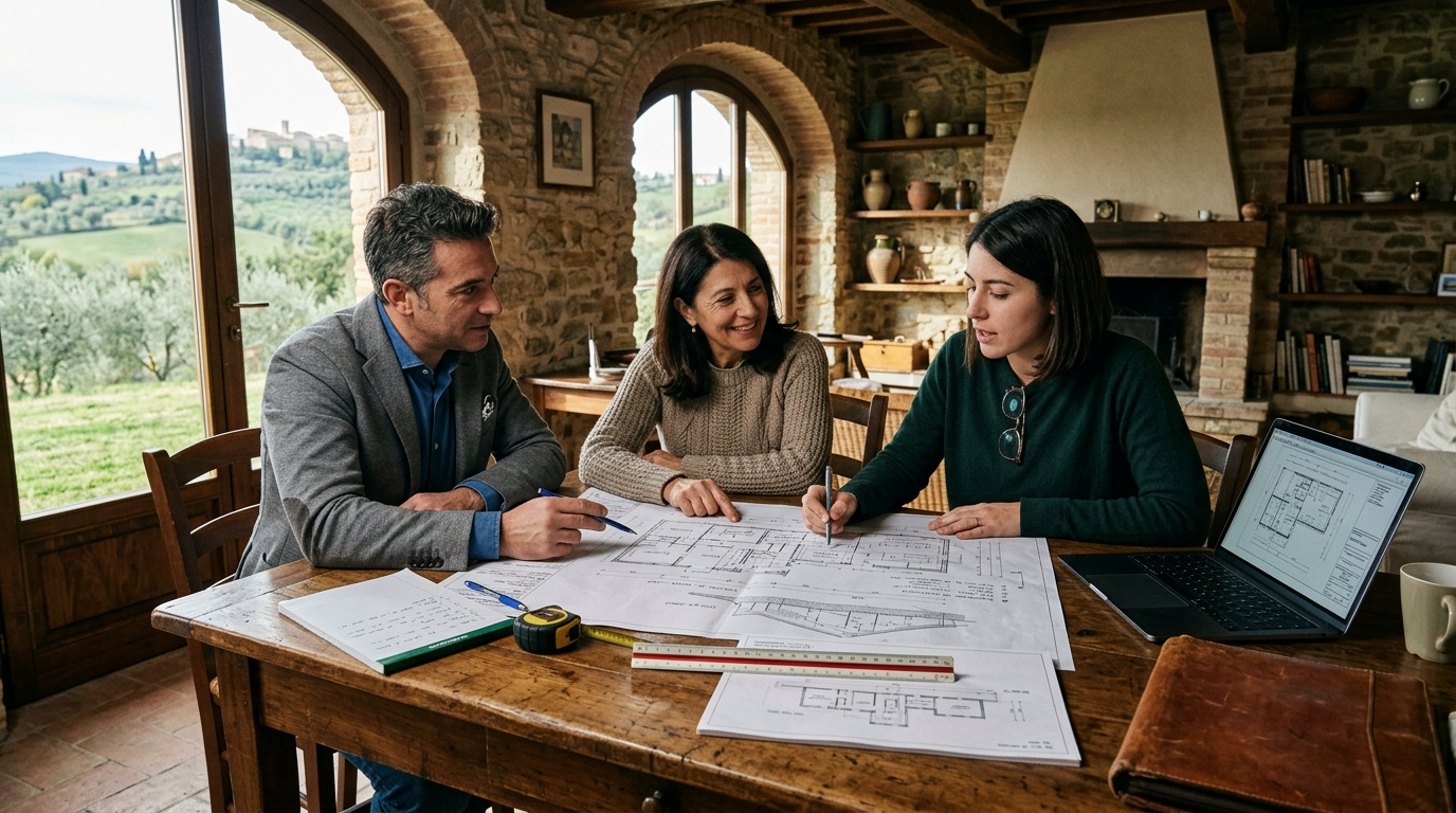 Architetto e proprietario esaminano progetti di ristrutturazione in una casa di campagna umbra