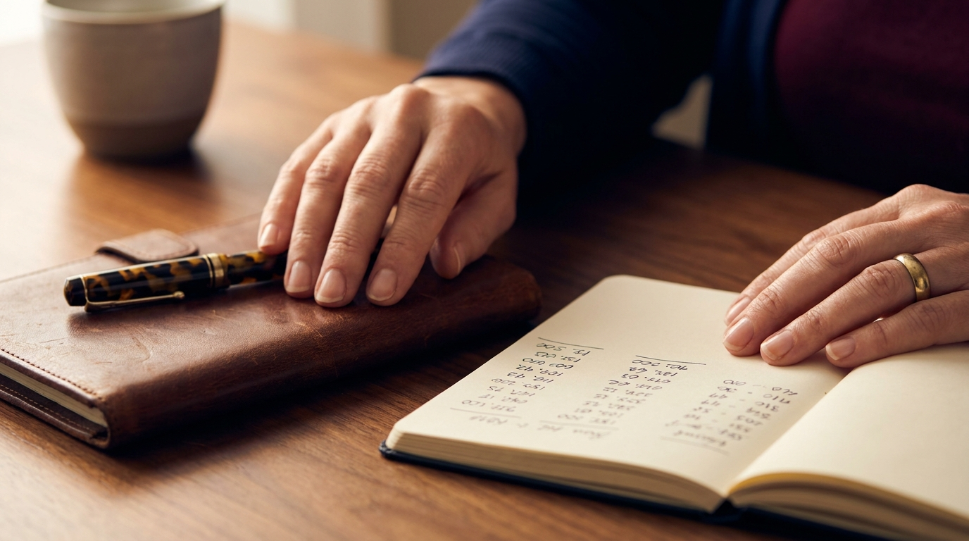 A quiet desk moment, hands resting near a ledger and pen.