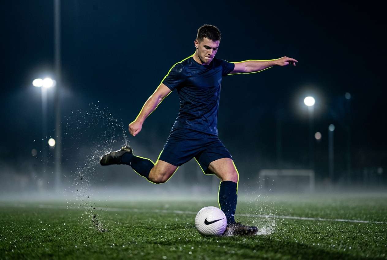 Soccer player striking the ball under floodlights at night