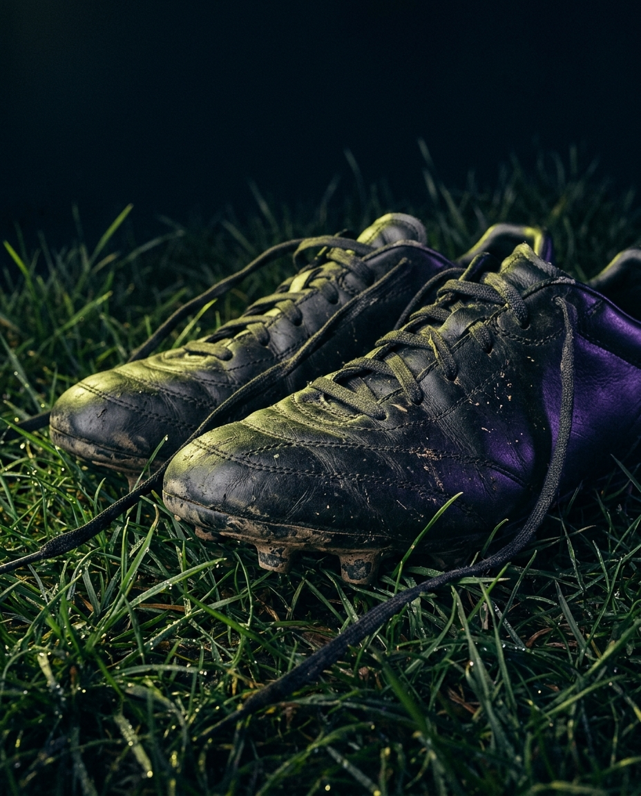Worn soccer cleats resting on wet grass at night