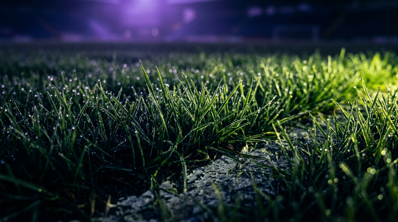 Macro detail of freshly cut pitch grass with dew at night