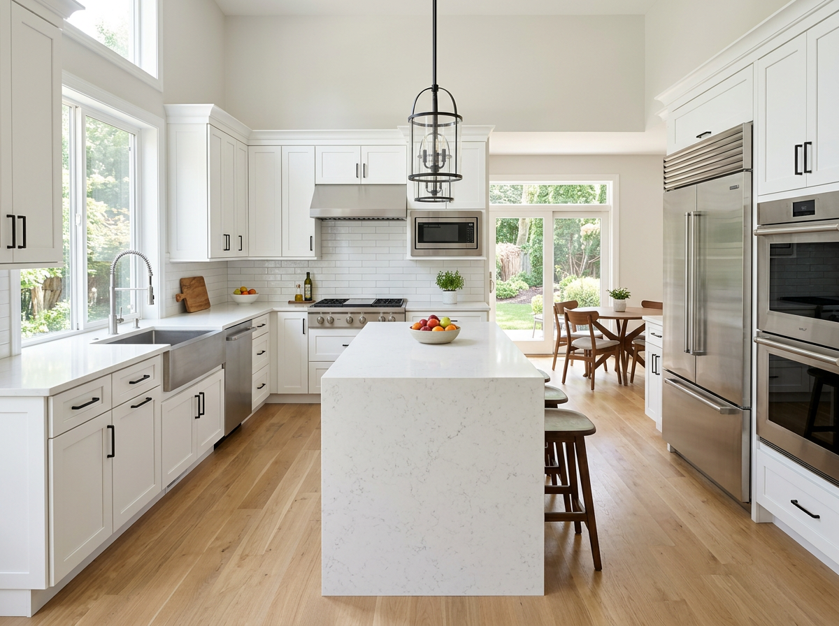 Newly renovated modern kitchen with white cabinets and quartz countertops