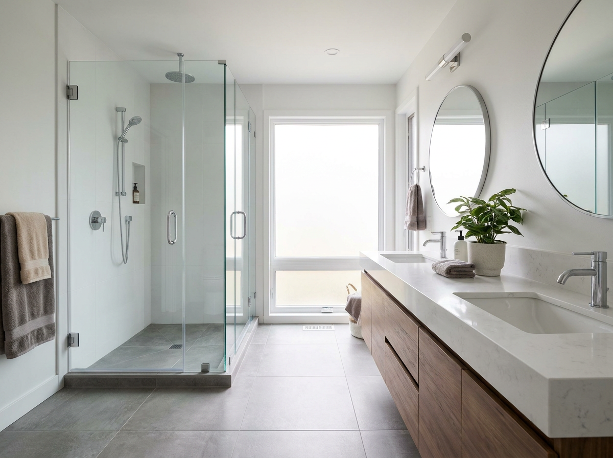 Newly renovated modern bathroom with glass shower and double vanity