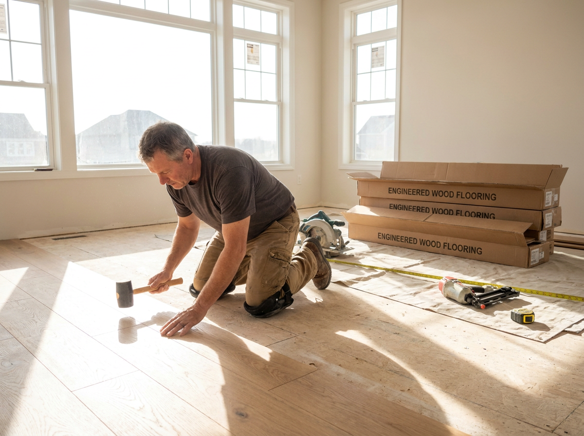 Contractor installing engineered hardwood flooring