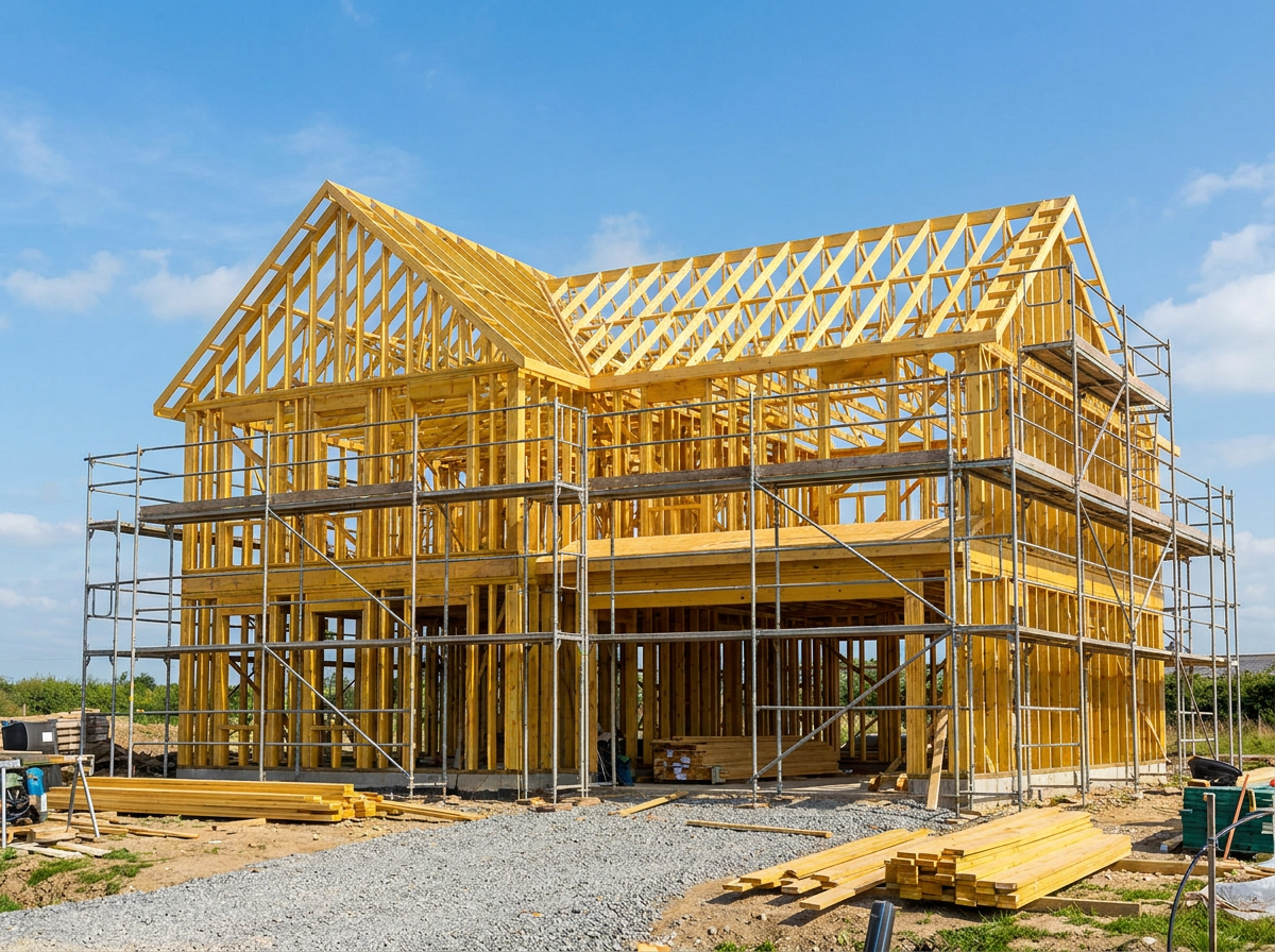New house under construction with wood framing