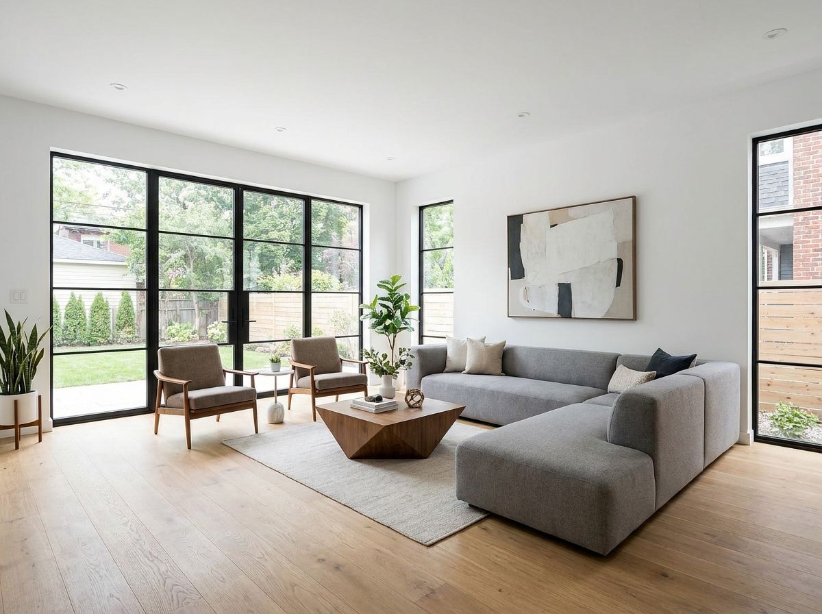 Renovated modern living room with new flooring and fresh paint