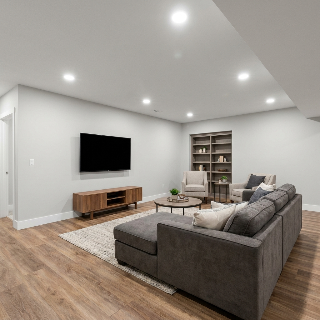 Finished modern basement renovation with recessed lighting