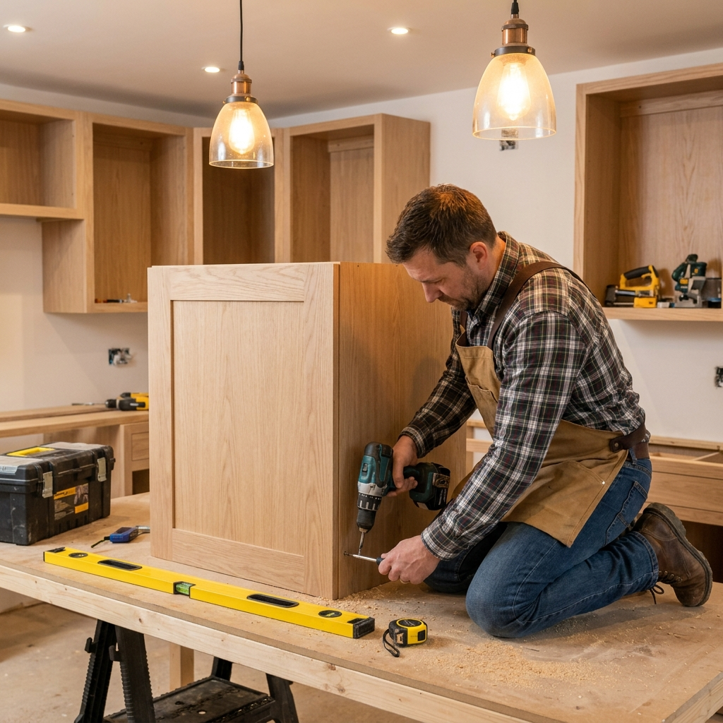 Custom kitchen cabinetry installation by carpenter