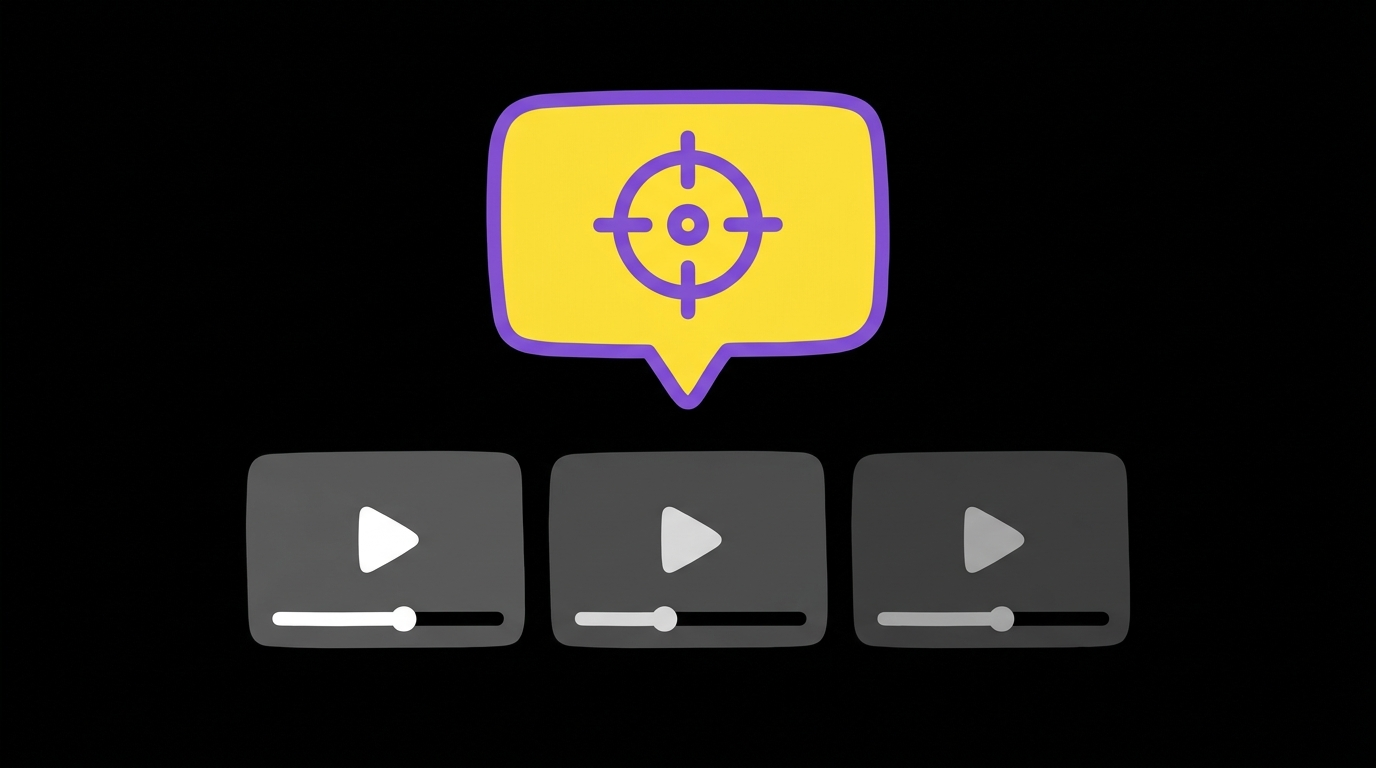 Doodle illustration of a speech bubble holding a target above a row of dimmed video cards