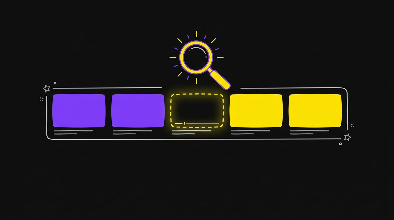 Doodle of five video cards with the middle one an empty dashed outline and a magnifying glass over the gap