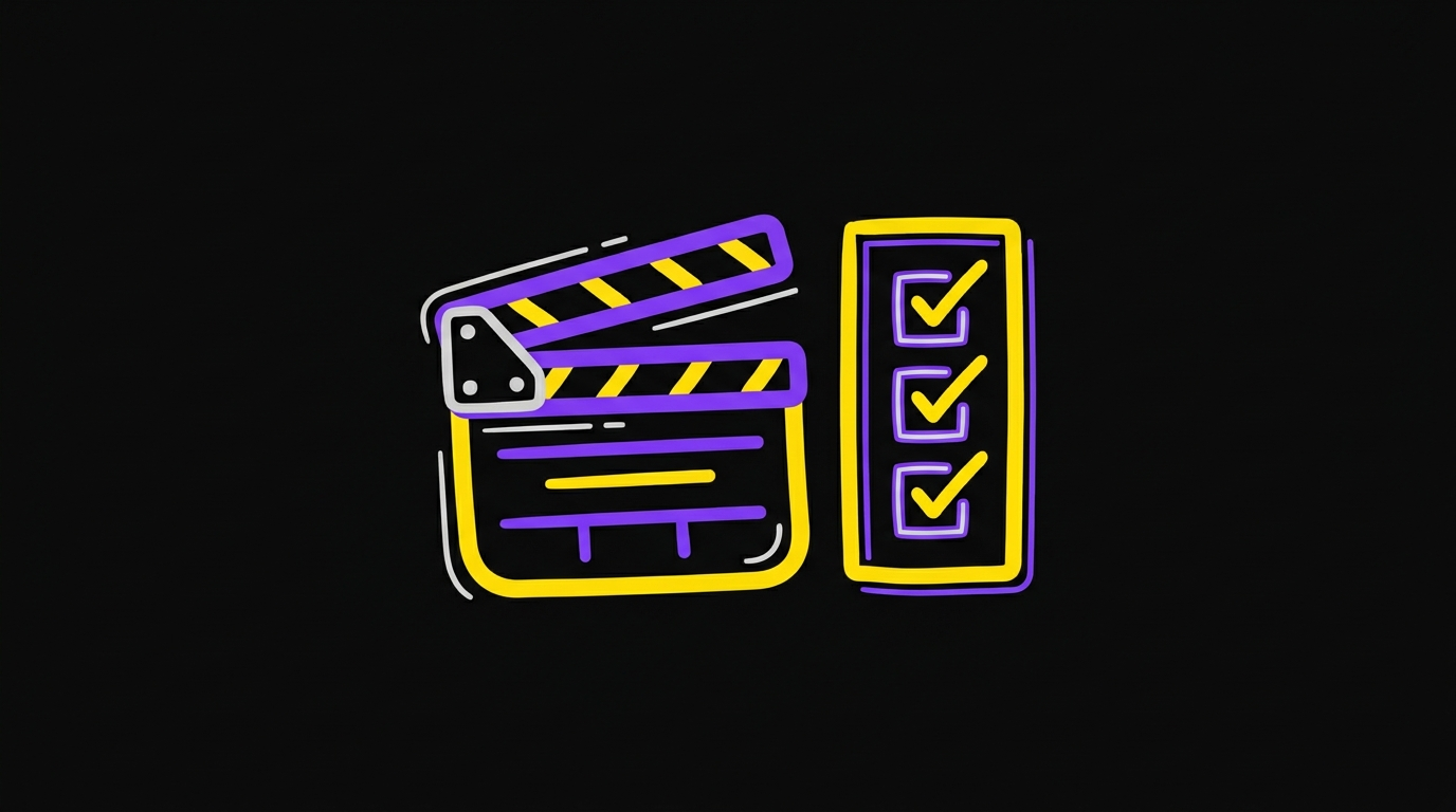 Doodle of a film clapperboard beside a vertical checklist with ticked boxes
