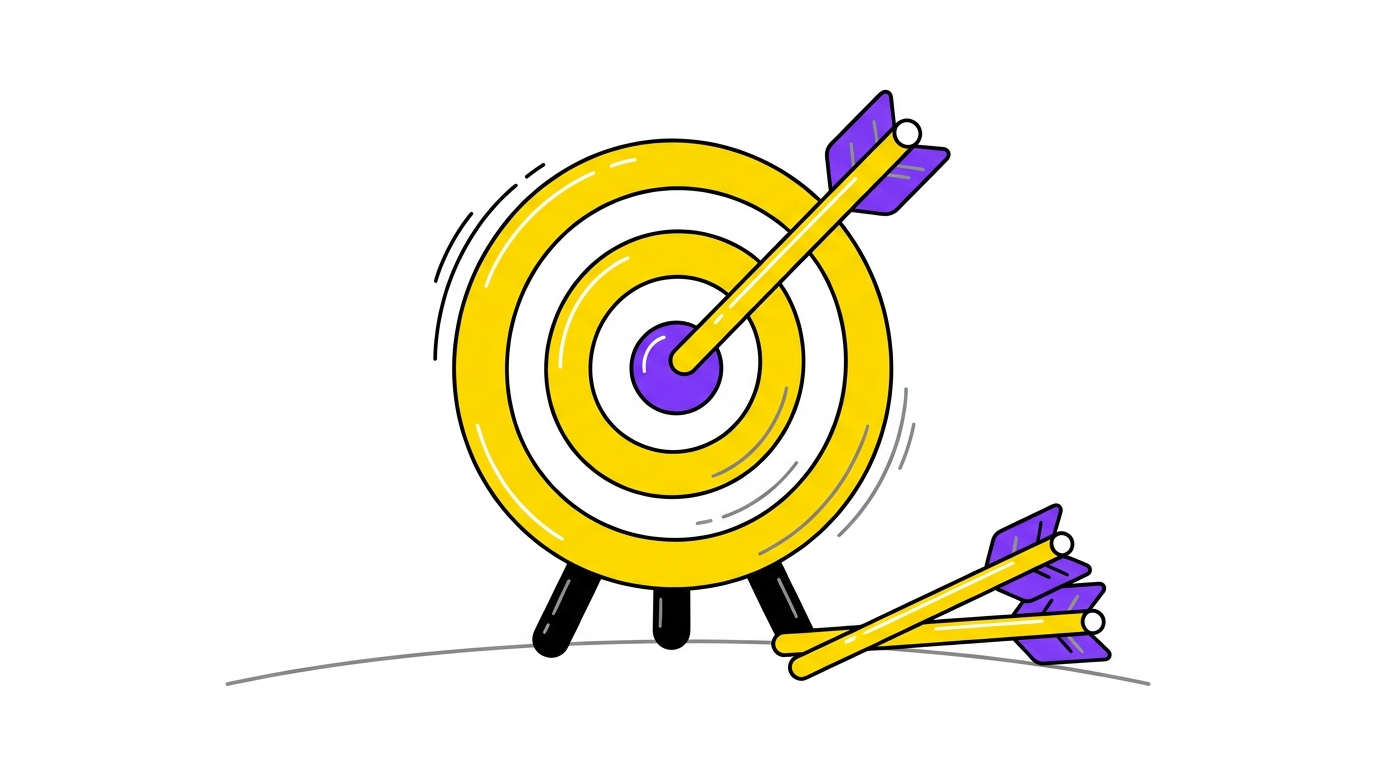 Doodle of a bullseye with one arrow in the centre and two arrows set aside