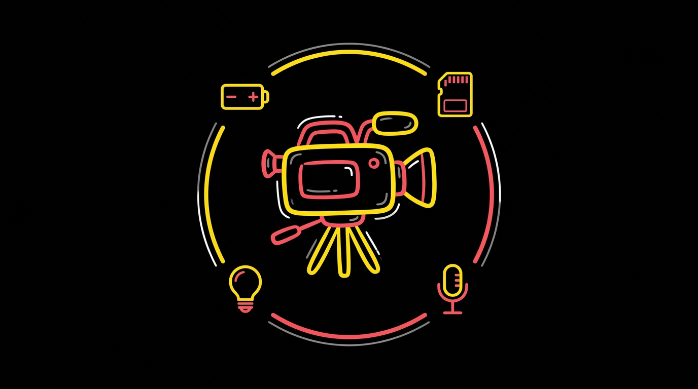 Doodle of a camera on a tripod ringed by battery, memory card, microphone and light bulb icons