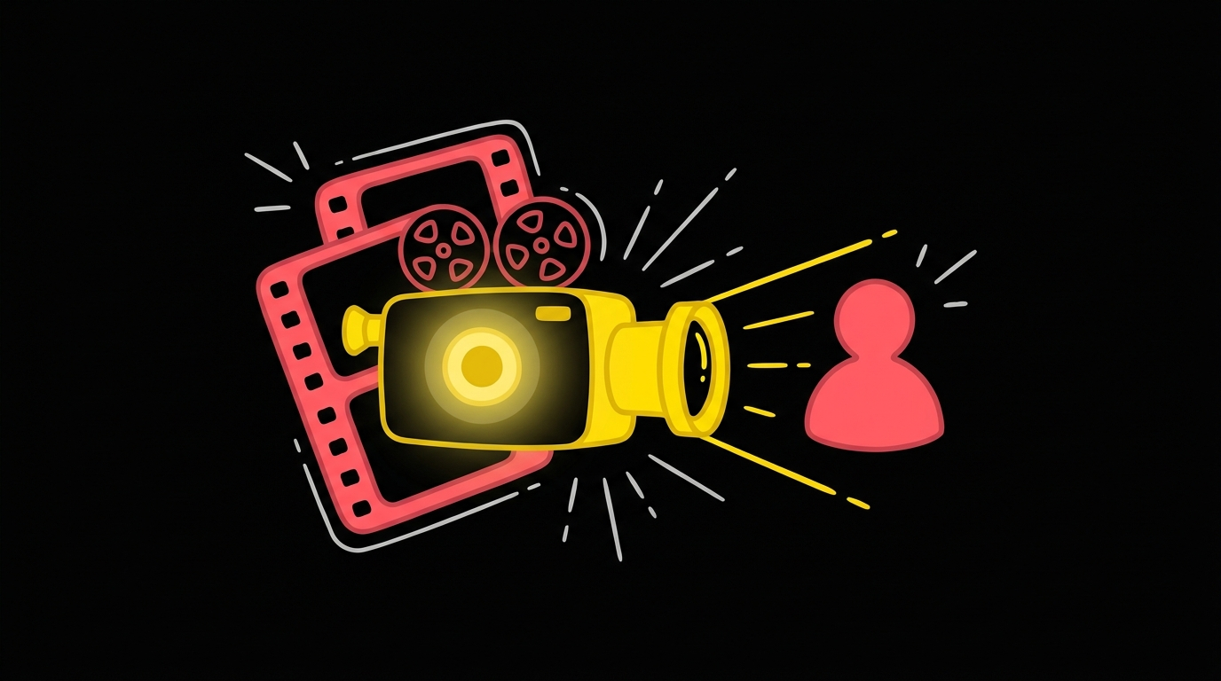 Doodle of a camera filming a person silhouette with two overlapping frames for a second take