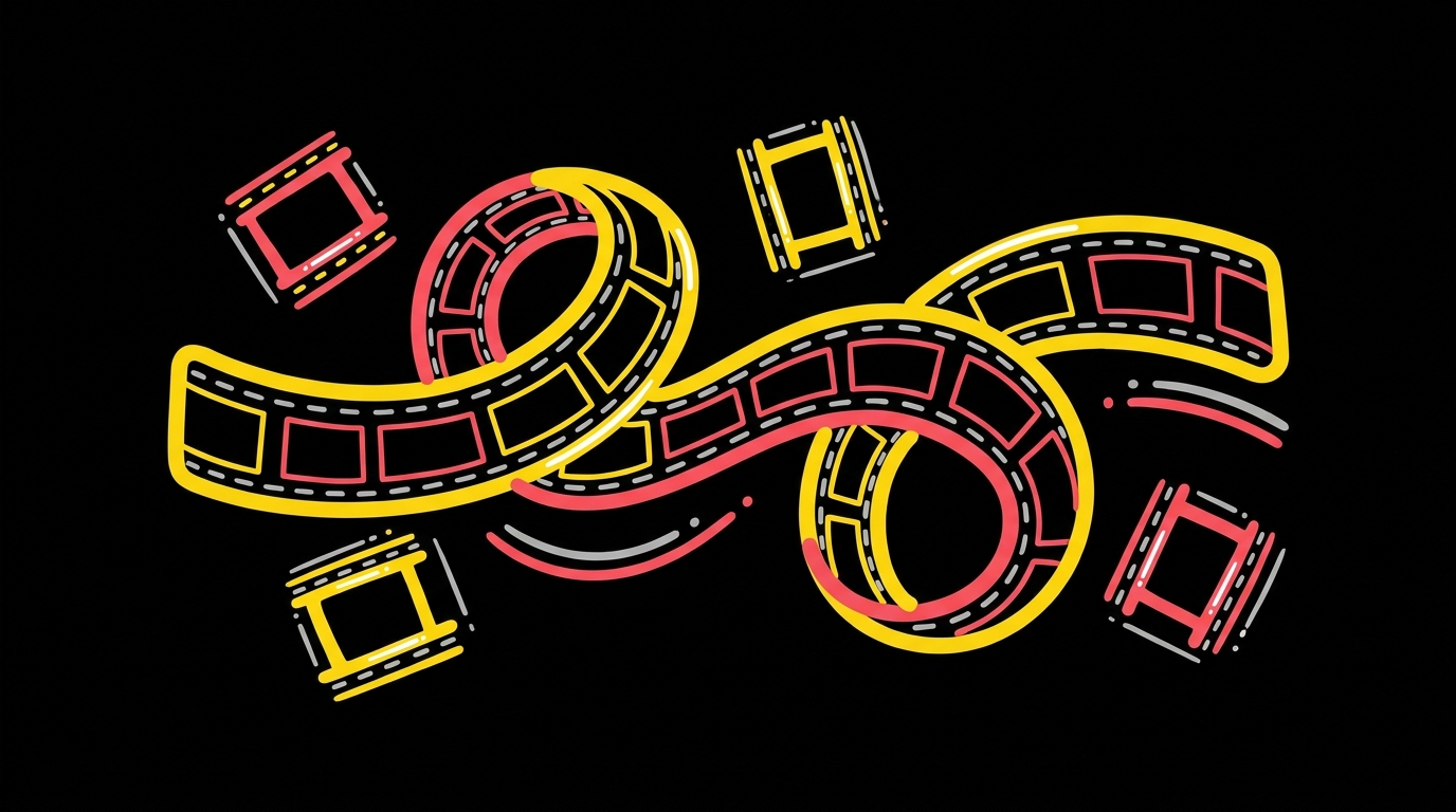 Doodle of a long curling filmstrip with extra loose film frames scattered around it