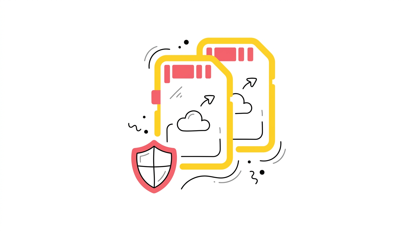 Doodle of a memory card duplicating into two copies with a small shield