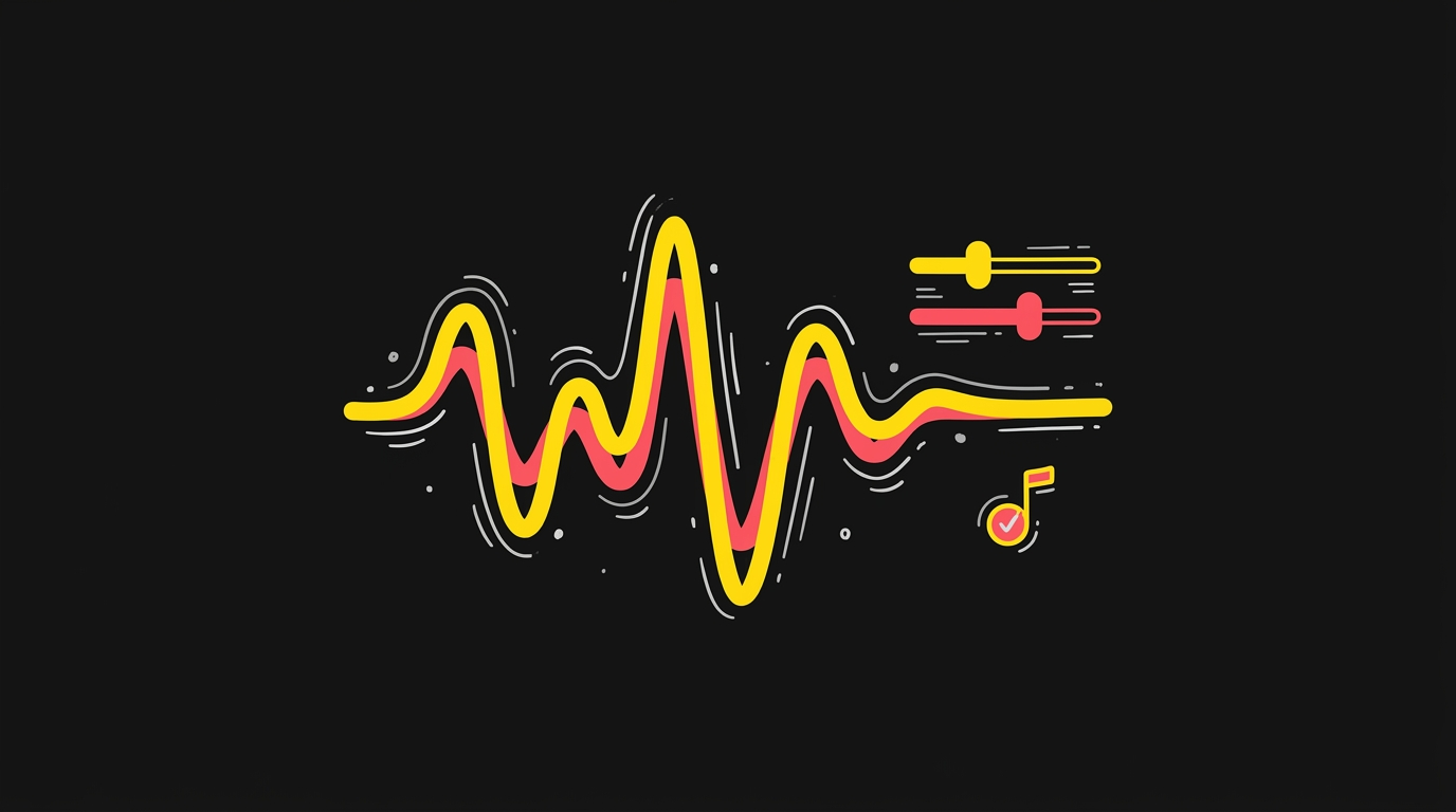 Doodle of an audio waveform with slider controls and a music note carrying a tick