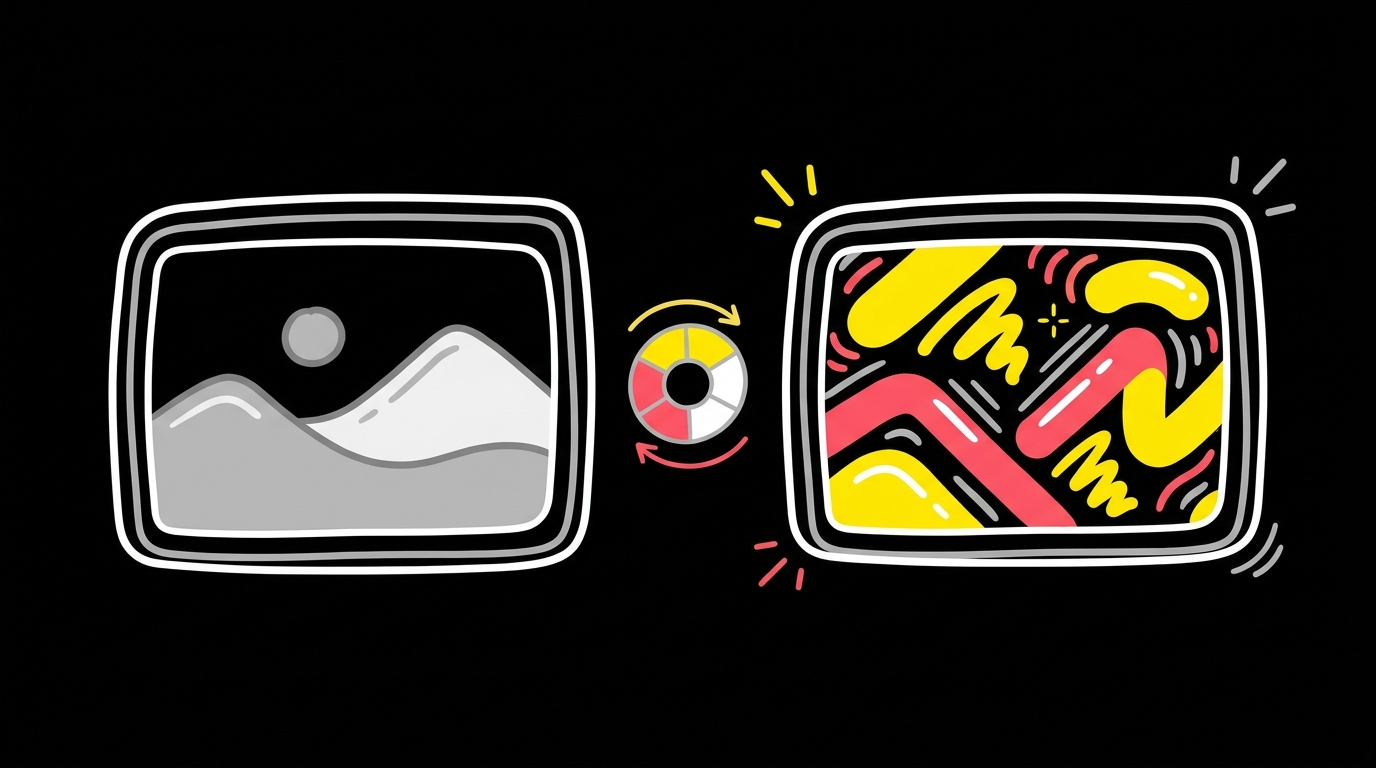 Doodle of two video frames, one dull and one vivid, with a colour wheel between them