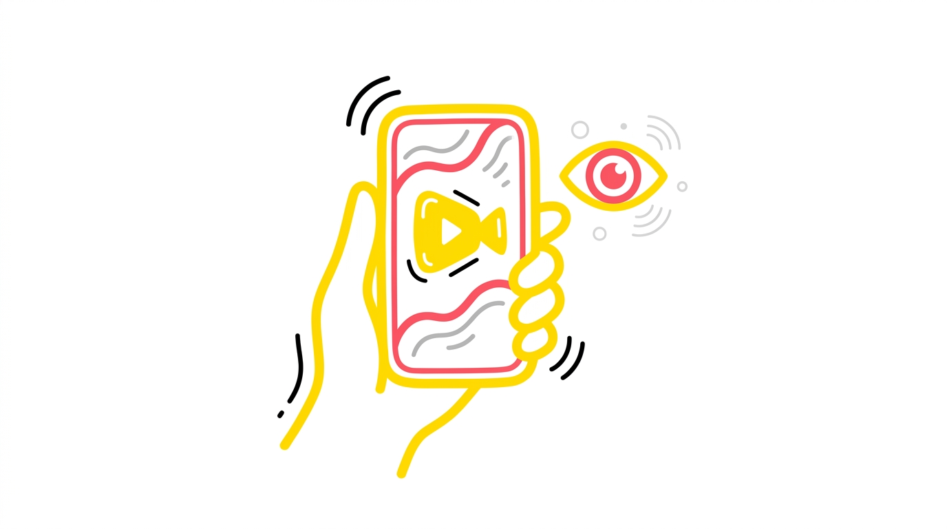 Doodle of a hand holding a phone playing a video with a small eye symbol beside it