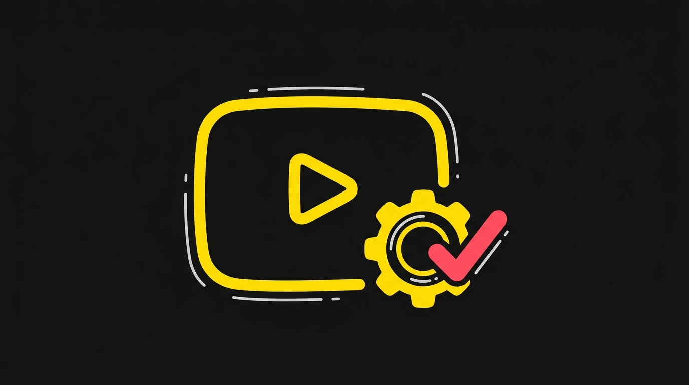 Doodle of a finished video file rounded rectangle with a cog and a tick