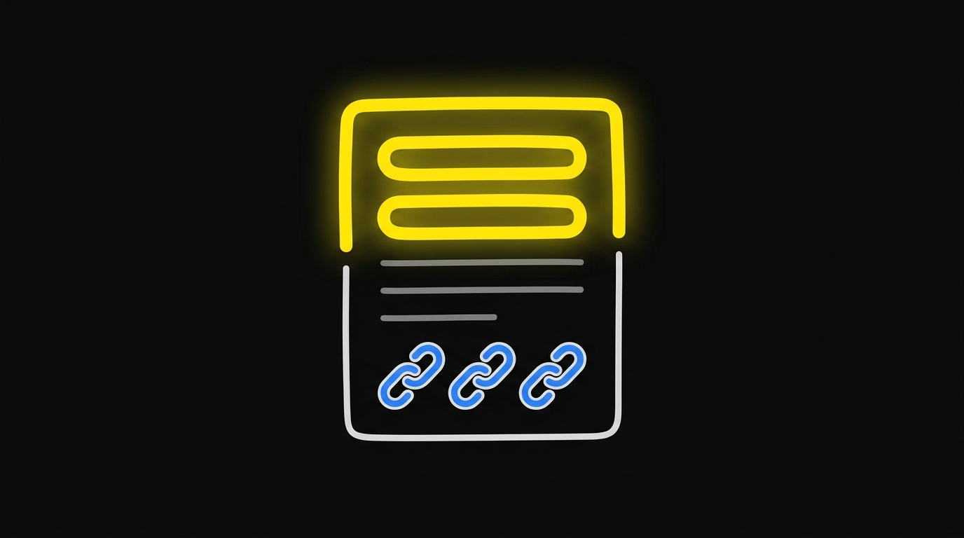 Doodle of a description box with the top two lines glowing and link icons at the bottom