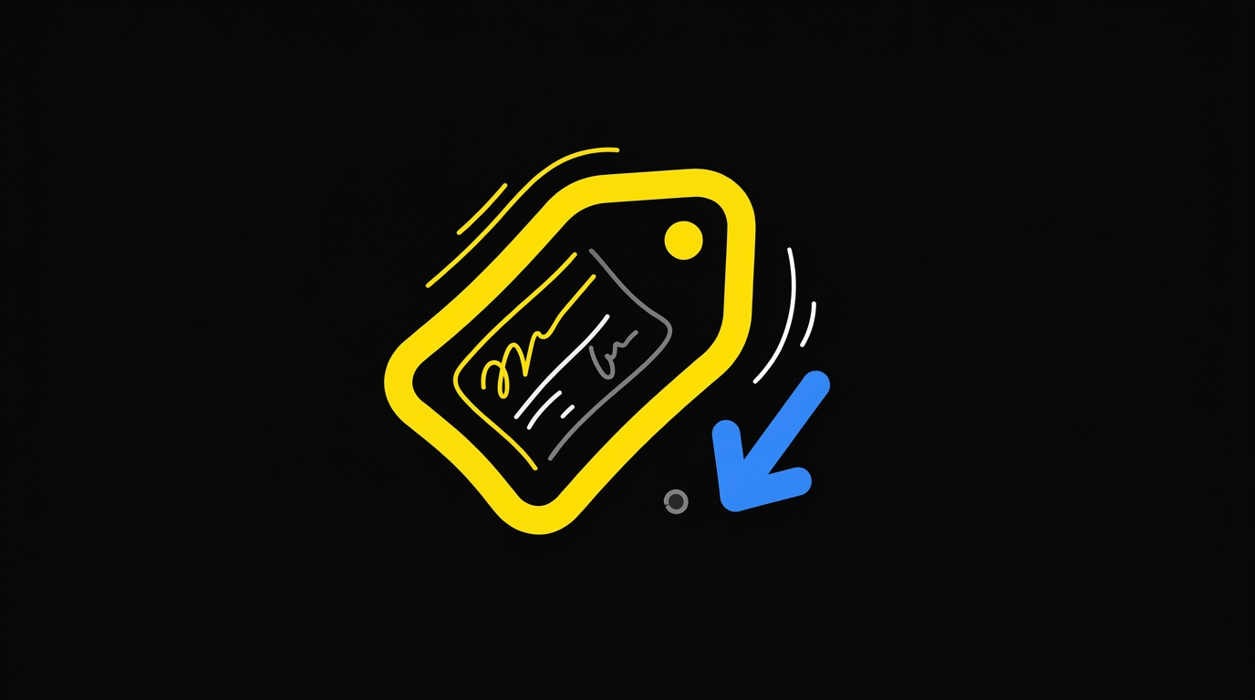 Doodle of a single label tag with a small downward arrow beside it