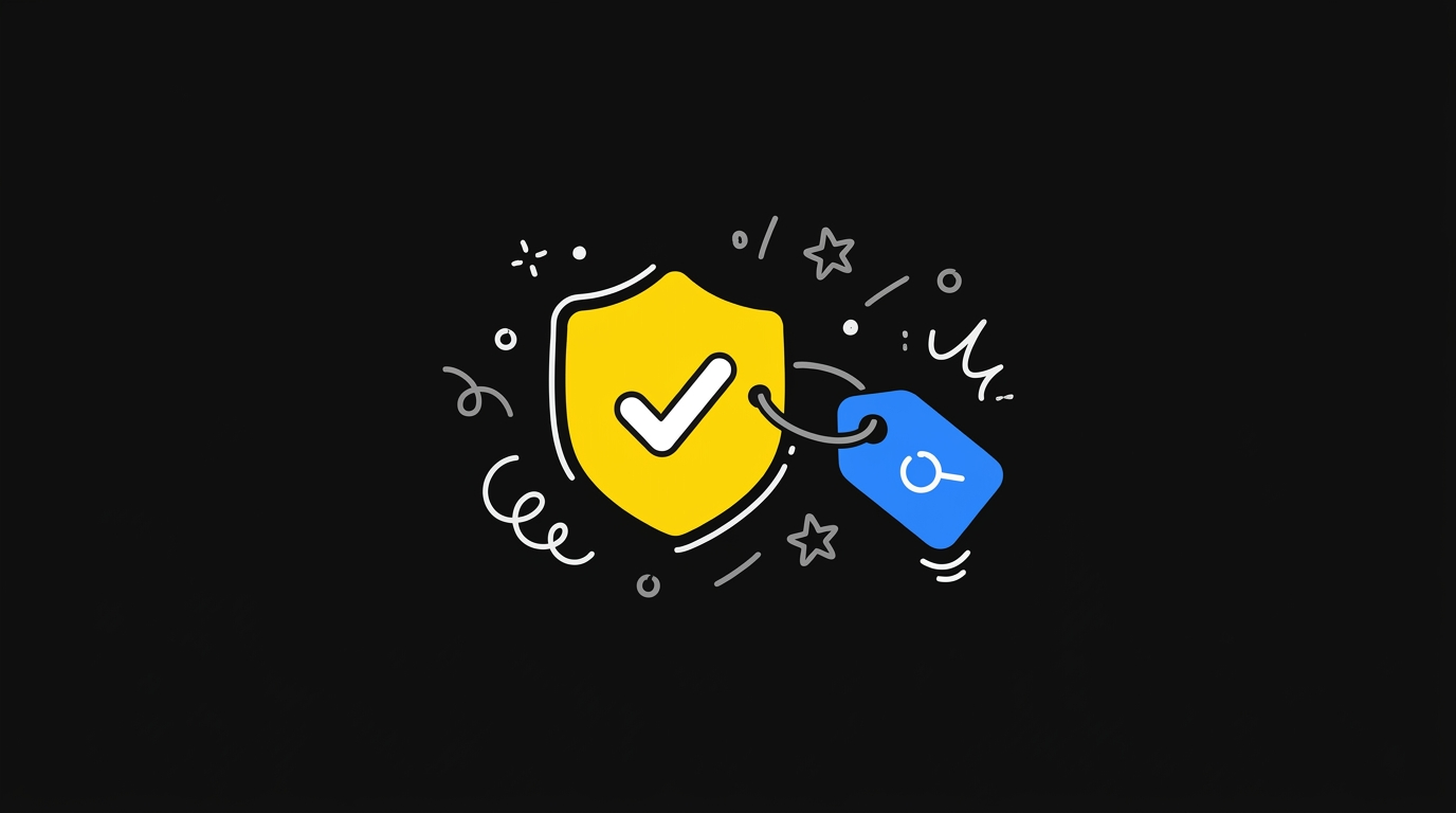 Doodle of a shield with a checkmark and a small label tag