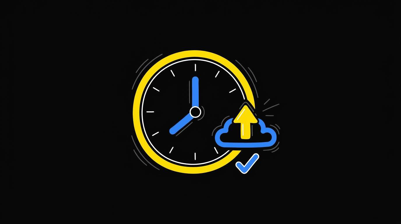 Doodle of a clock with an upward cloud-upload arrow and a tick