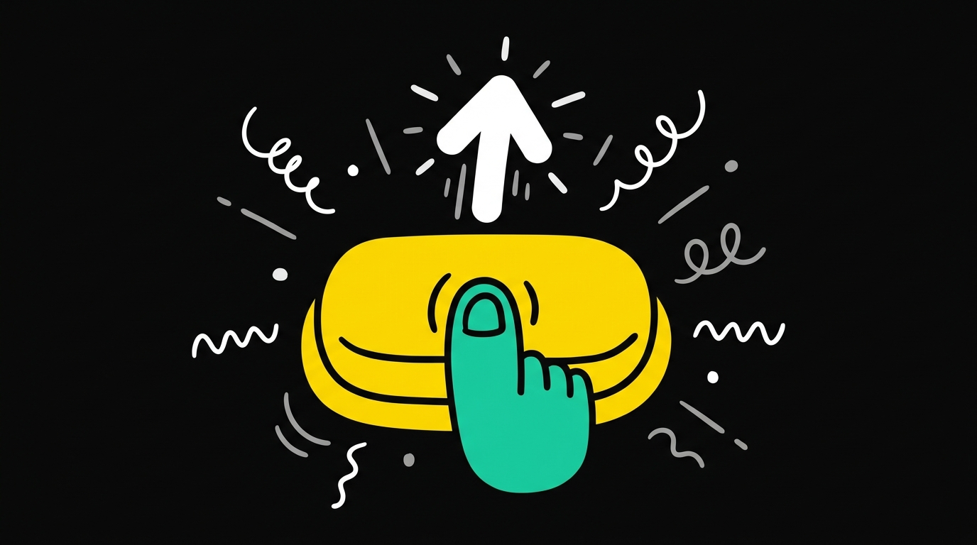 Doodle of a large publish button being pressed with an upward arrow
