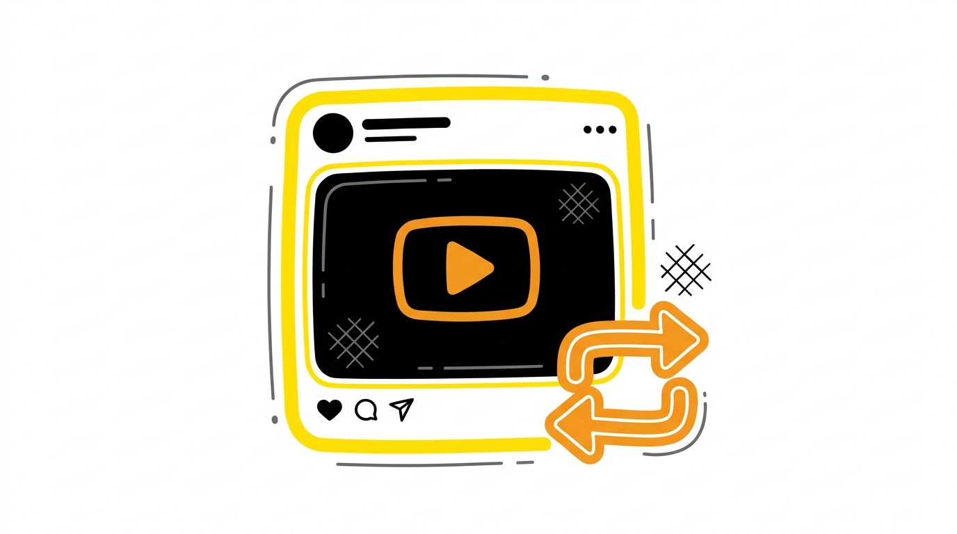 Doodle of a social post card with a play-button thumbnail and a repost loop