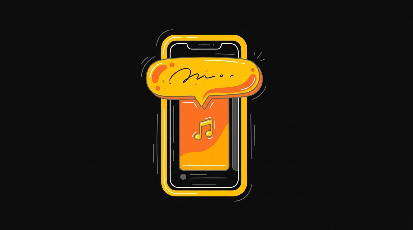 Doodle of a phone showing a vertical video with a bold hook bubble and a music note
