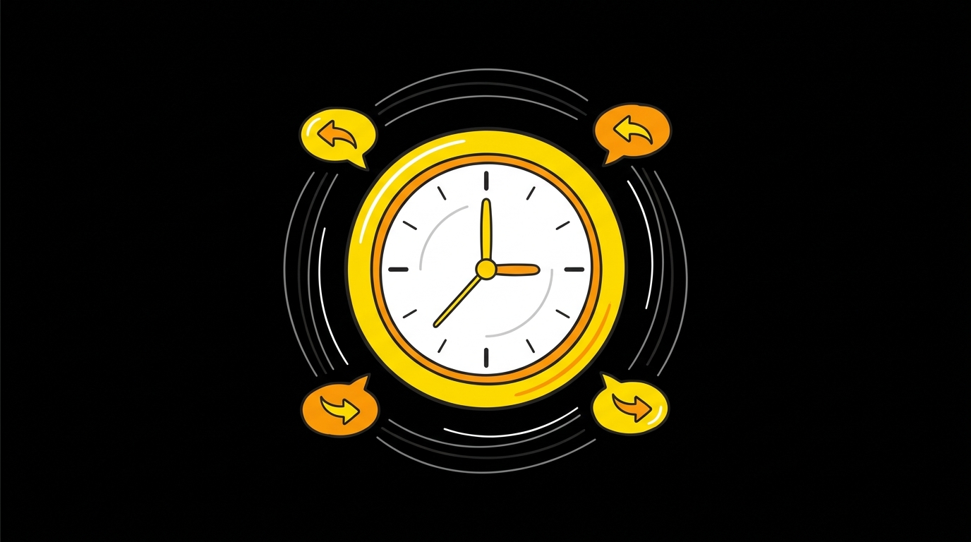 Doodle of a clock with small reply speech bubbles orbiting it