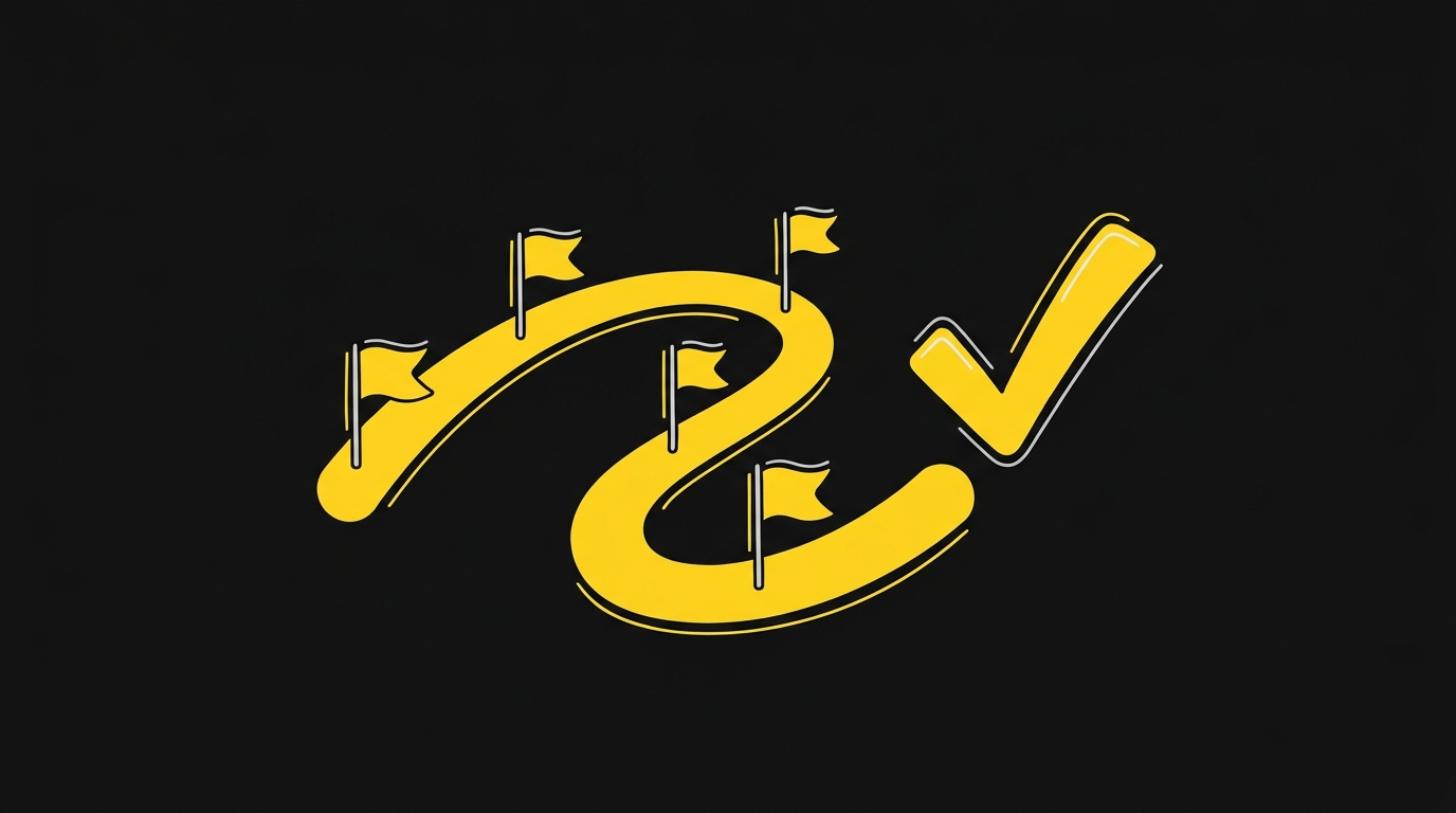 Doodle of a winding path with five milestone flags and a checkmark at the end