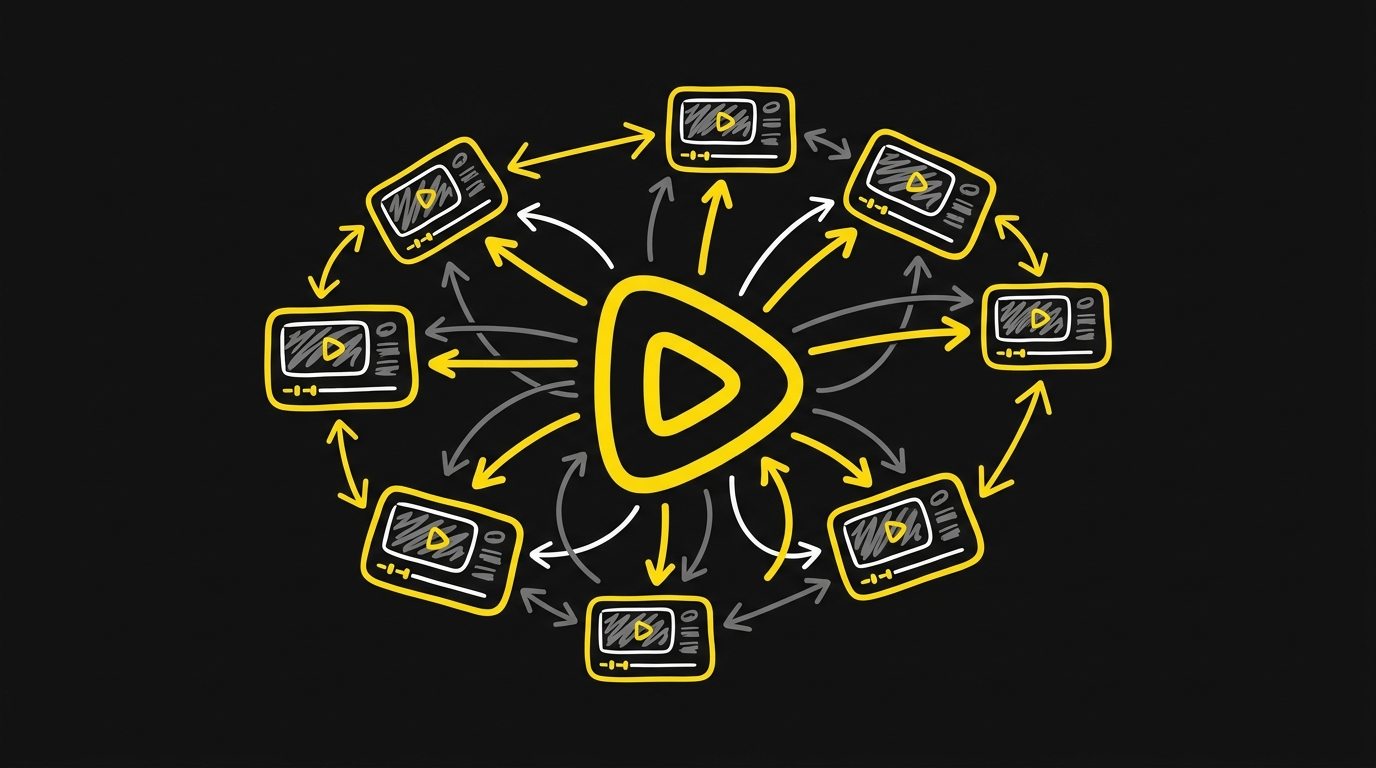 Doodle of a central play button with arrows fanning out to small video cards