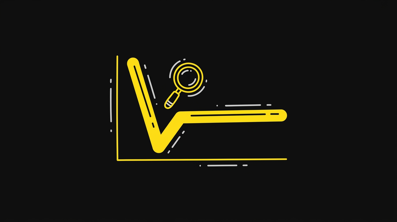 Doodle of a retention line graph with an early dip and a long flat tail and a magnifying glass