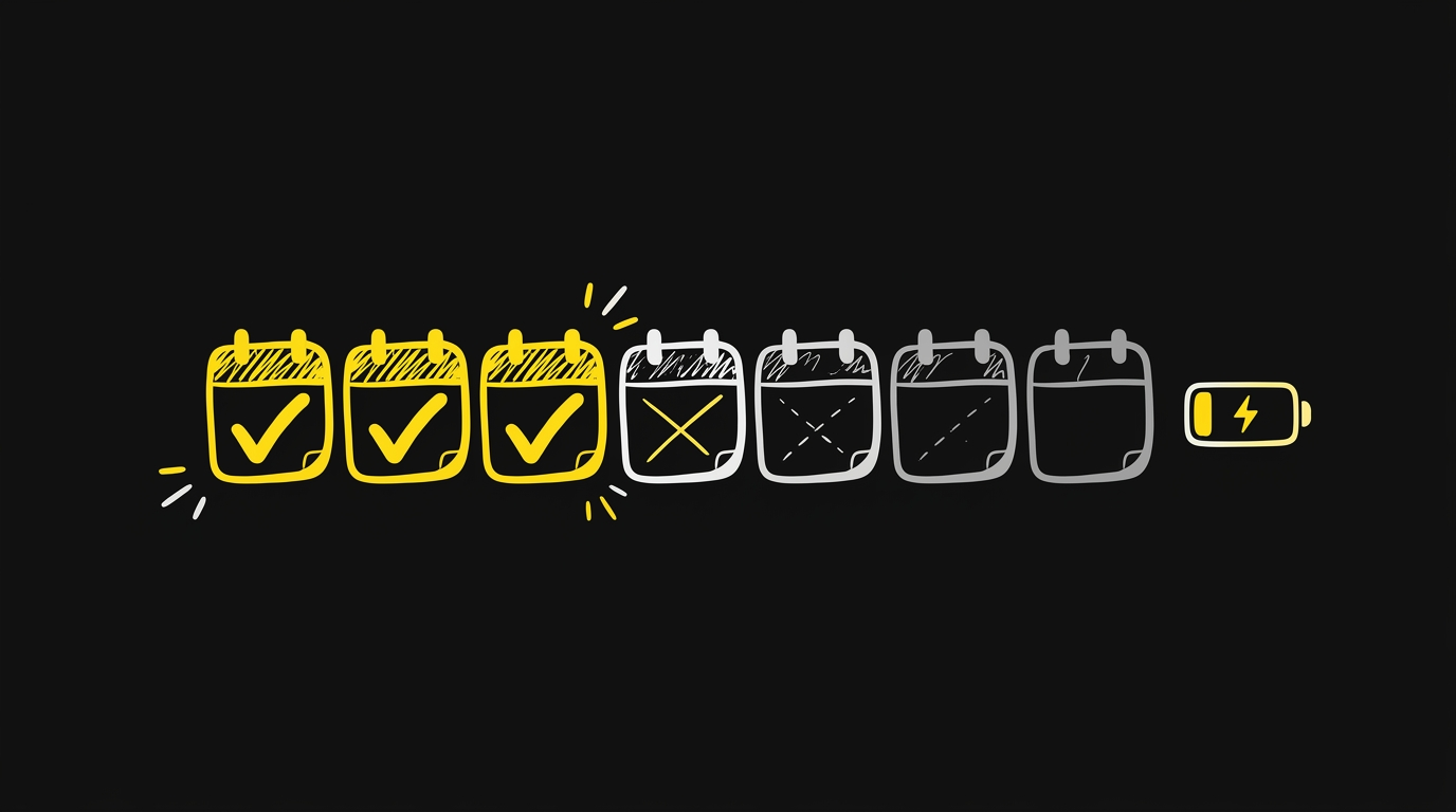 Doodle of calendar days ticked boldly at first then fading, with a low-battery symbol