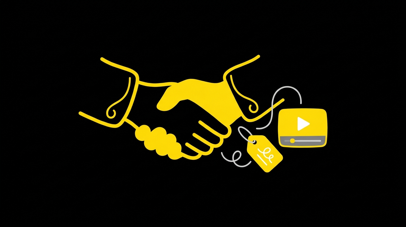 Doodle of a handshake with a small price tag and a play-button video card