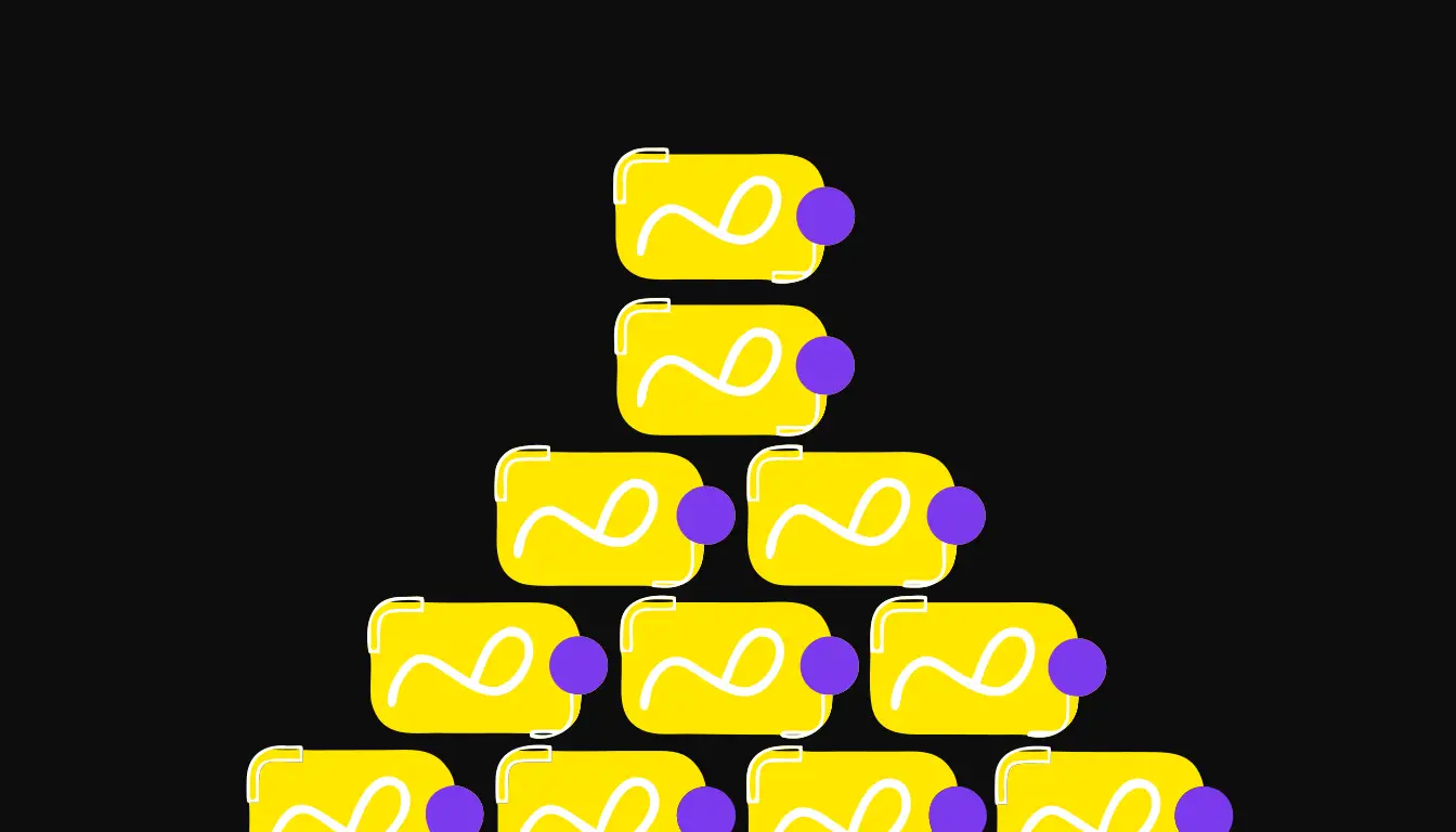 Flat doodle on a true-black background: one simple video-frame shape stamped repeatedly into a rising row, each copy a little taller than the last, ending in a small upward arrow.
