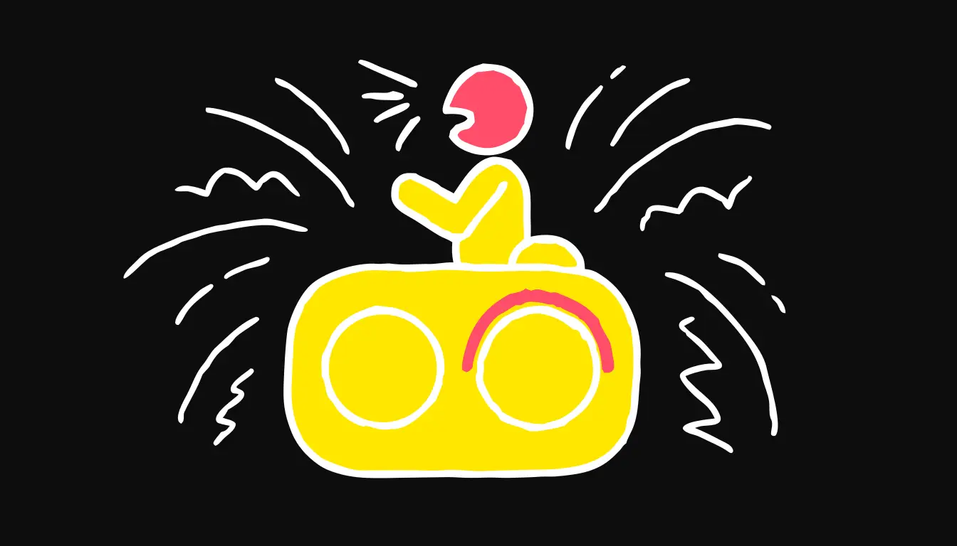 Flat line-doodle on a true-black background: a person sitting to camera with a few small energy lines coming off their head, beside a simple dial turned one notch past the middle towards a plus sign, suggesting performing slightly above natural.