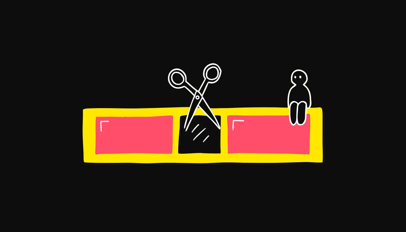 A flat hand-drawn doodle on a true-black background: a horizontal video timeline with a pair of open scissors snipping out a shaded block of dead air between two clips, while a small viewer figure stays watching at the end of the strip.