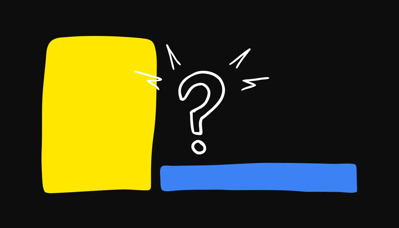 Flat white-line doodle on a true-black background: a thumbnail rectangle on the left showing a simple worried face, and a title bar on the right reading in plain shapes, with a glowing yellow question mark sparking in the gap between them where the two pieces meet.