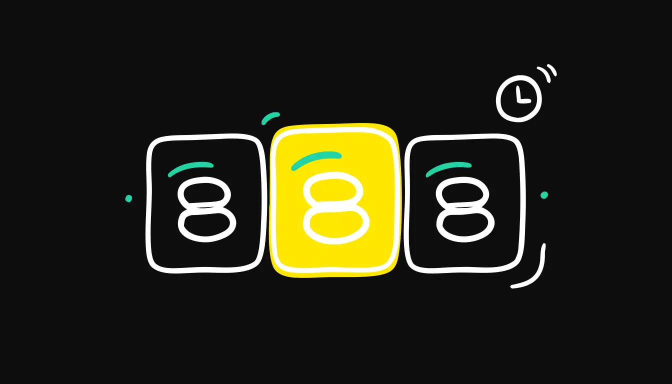 Flat hand-drawn doodle on a true-black background: a simple YouTube analytics dashboard panel with three metric tiles, where one tile glows mint-green and reads steady while the other two sit dimmed and grey, and a small round wall clock beside it shows the full 24-hour mark, suggesting a creator should wait a day before reading the numbers