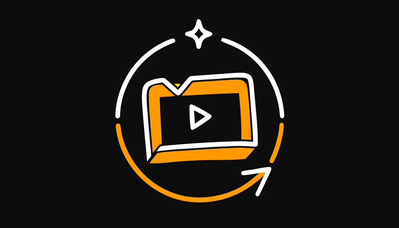 A flat doodle on a true-black background: an old YouTube video card being dusted off with a small hand brush, a curved refresh arrow looping back around its thumbnail, and a few faint upward sparkles rising off it as it comes back to life.