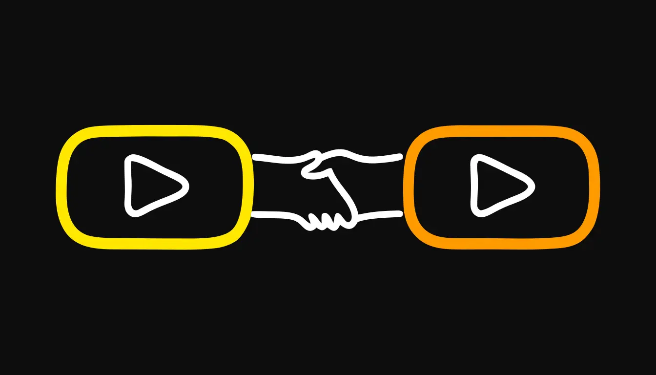 Flat minimalist doodle on a true-black background: two play-button triangles of exactly equal size, side by side at the same height, linked sideways by a short looping arrow that connects each one back to the other, drawn in warm orange line-art with no large channel towering over a smaller one.