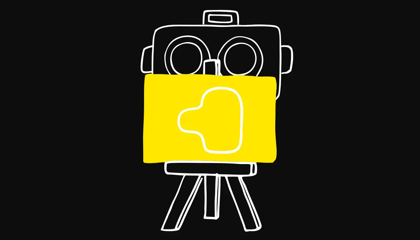 Flat hand-drawn doodle on a true-black background: a thumbnail mock-up resting on a small artist's easel that stands directly in front of a film camera, with the camera's film reel drawn faintly behind it, showing the package being decided before any footage is shot.