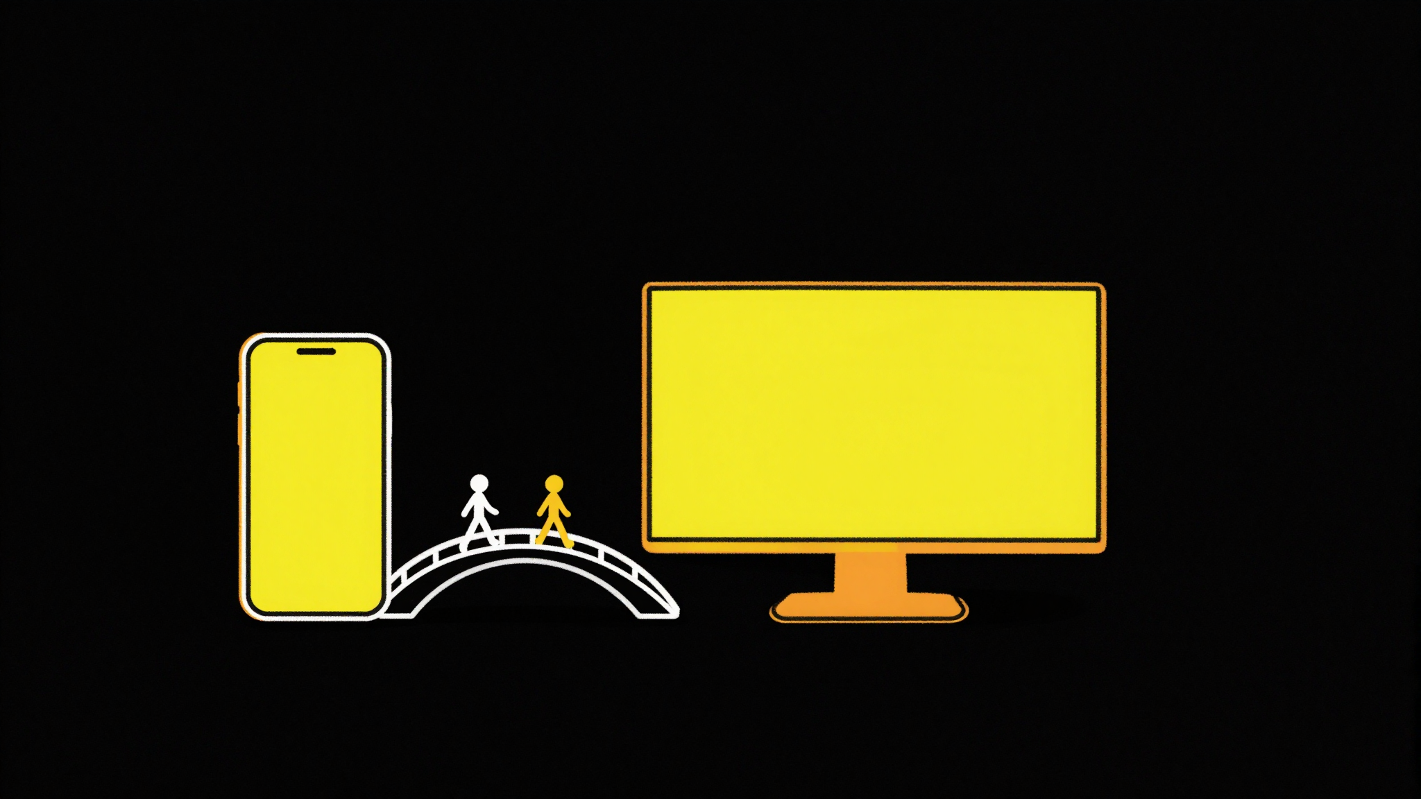 A flat doodle of a vertical phone screen on the left and a wide landscape video frame on the right, joined by a thin dotted bridge with a few small figures crossing it, on a true-black background.