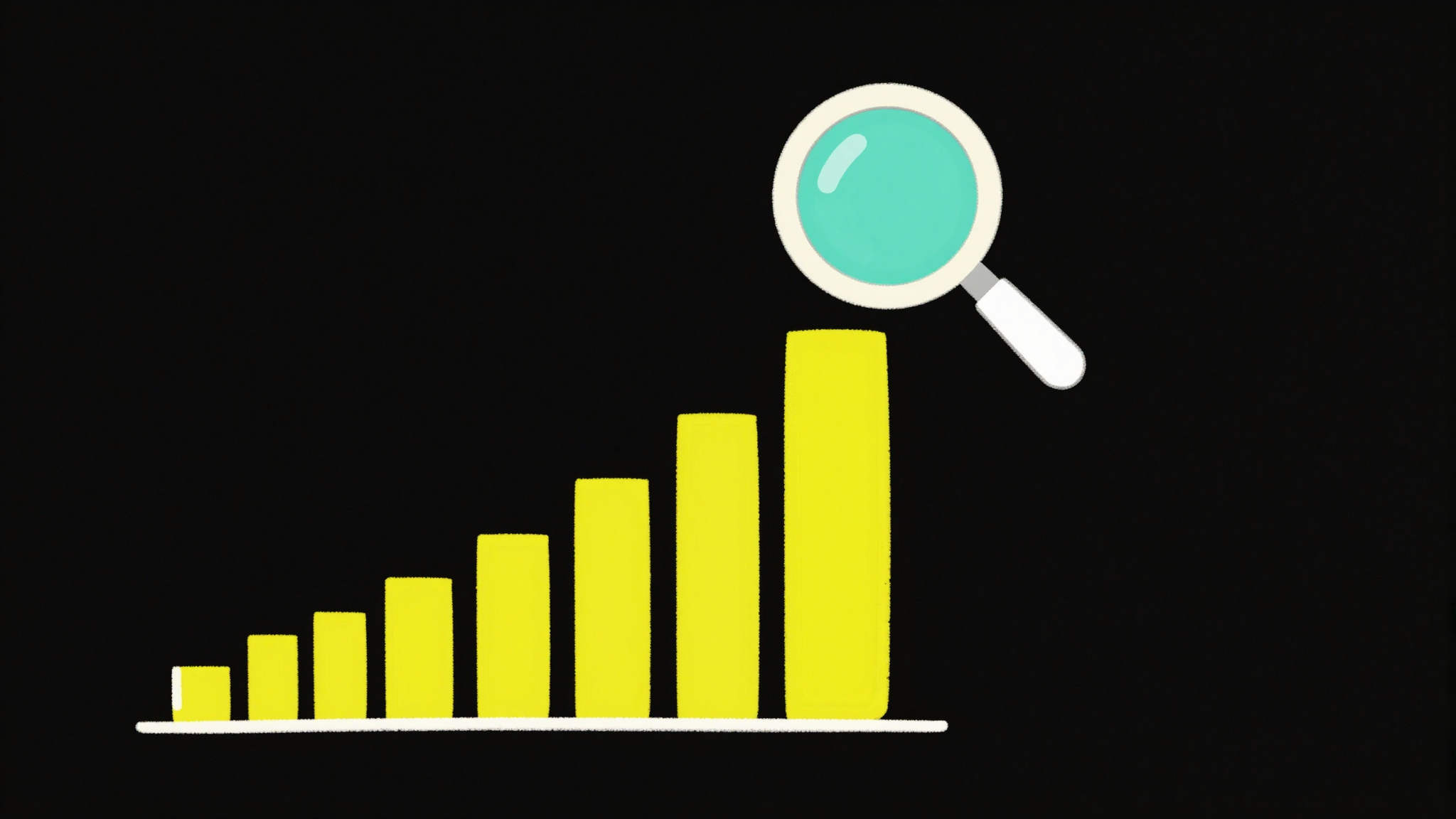 A flat doodle of a jagged realtime view-count graph that freezes into a straight line then jumps into one over-tall spike, on a true-black background.