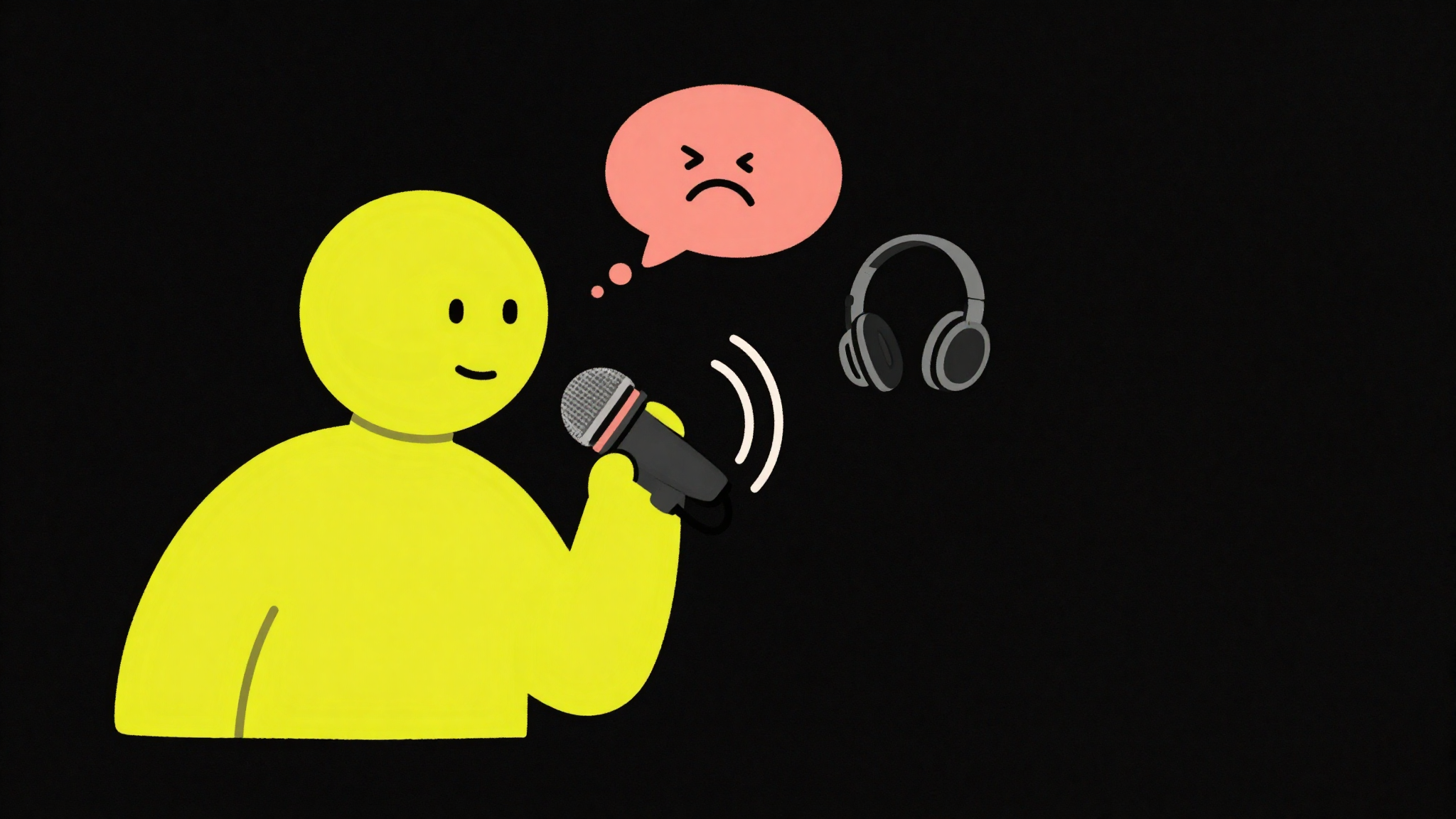 A simple line doodle of a person wincing while listening to their own voice play back from a speaker, against a black background